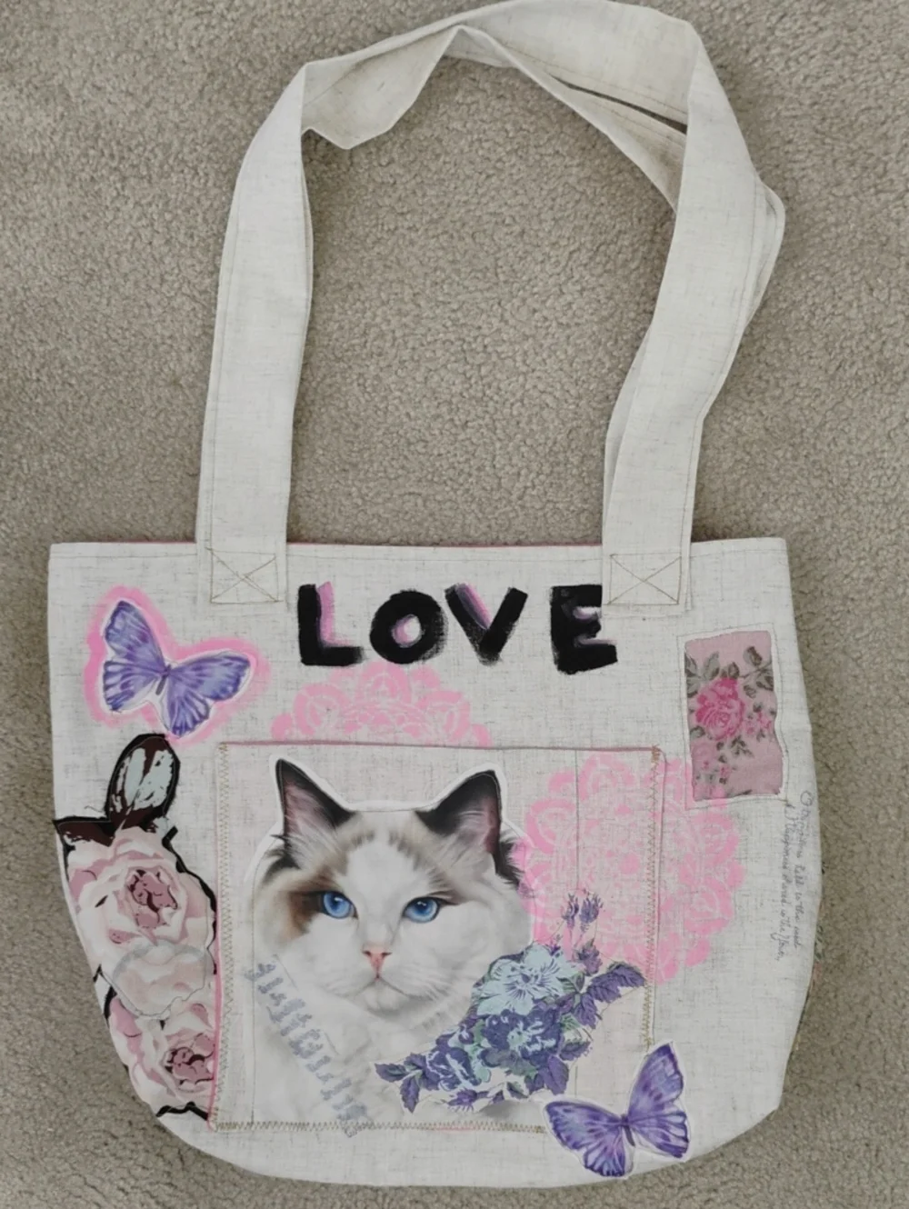 OOAK Handcrafted Upcycled Canvas Tote Bag Cat Butterfly Patchwork Floral